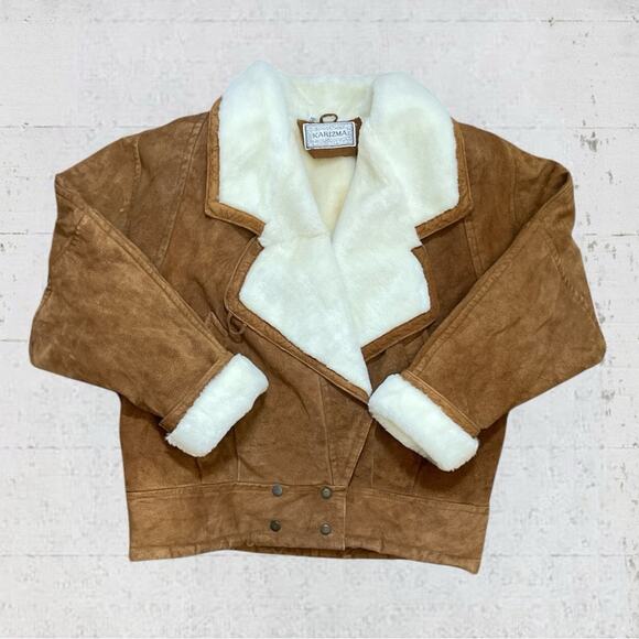 Karizma Jackets & Blazers - Vintage Karizma Brown Suede Leather Moto Jacket Faux Fur Shearling Size L